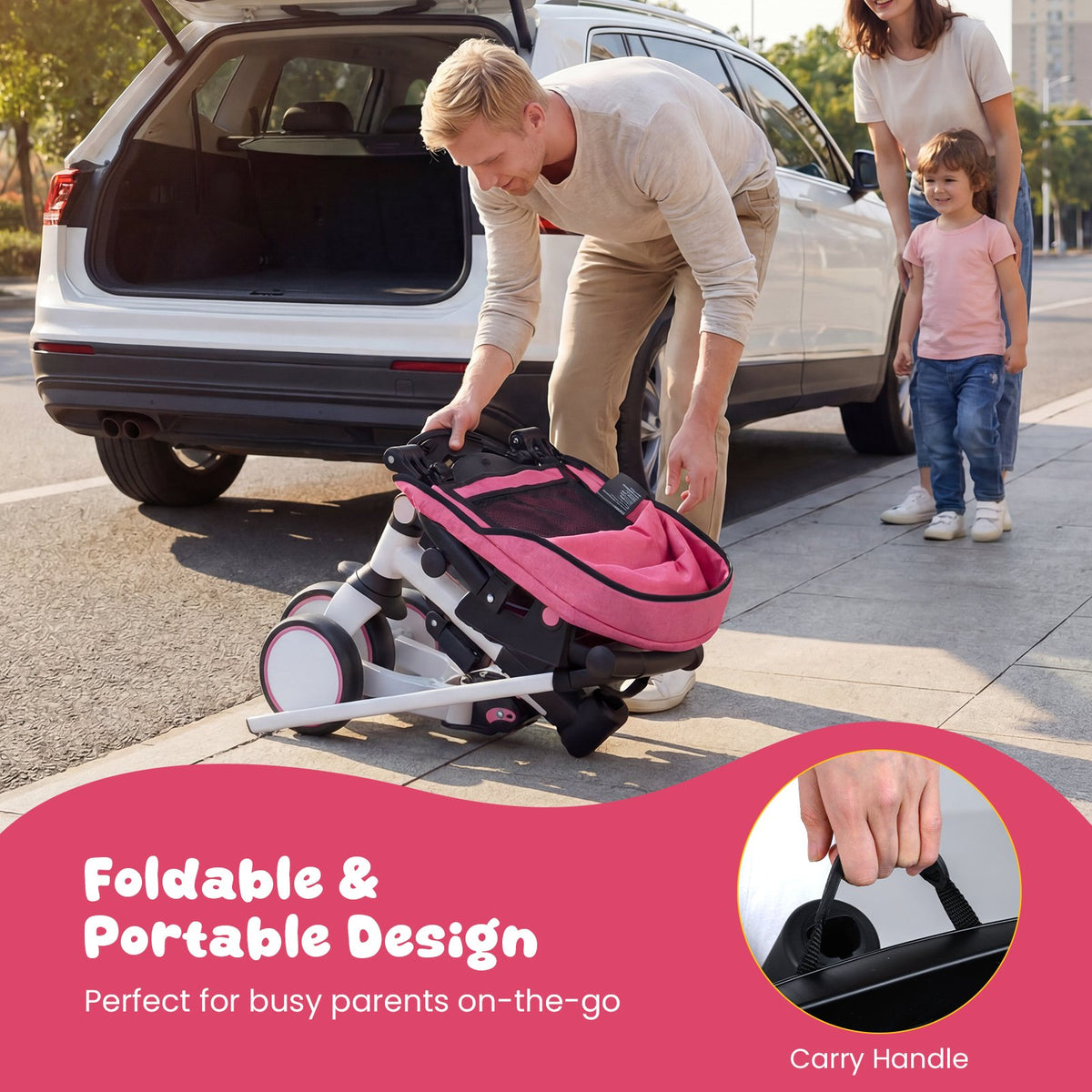 8-in-1 Folding Kids Tricycle with Removable Canopy and Push Handle-Pink view 6