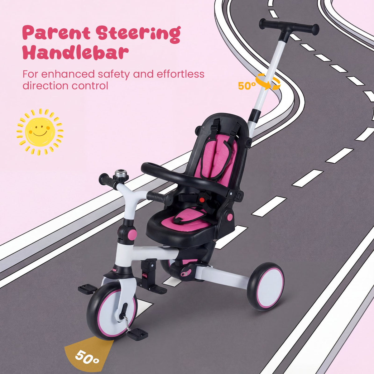 8-in-1 Folding Kids Tricycle with Removable Canopy and Push Handle-Pink view 8