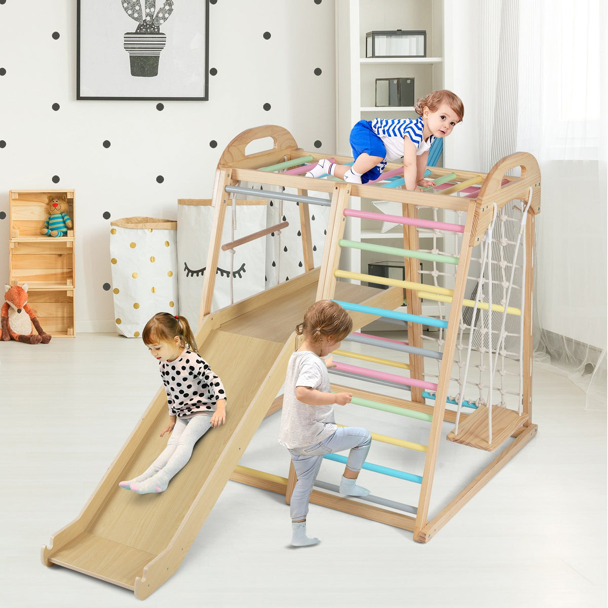 8-in-1 Jungle Gym Wooden Montessori Climber Playset with Slide and Monkey Bar for Kids 3-5 Years Old-Multicolor view 2