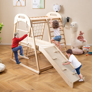8-in-1 Jungle Gym Wooden Montessori Climber Playset with Slide and Monkey Bar for Kids 3-5 Years Old-Natural view 2