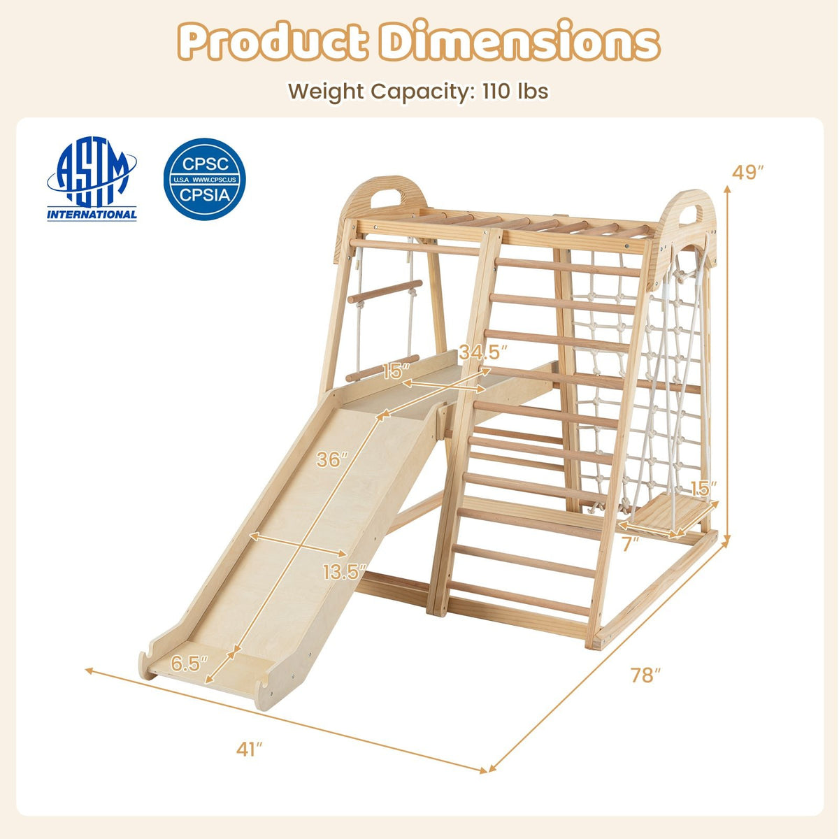8-in-1 Jungle Gym Wooden Montessori Climber Playset with Slide and Monkey Bar for Kids 3-5 Years Old-Natural view 4