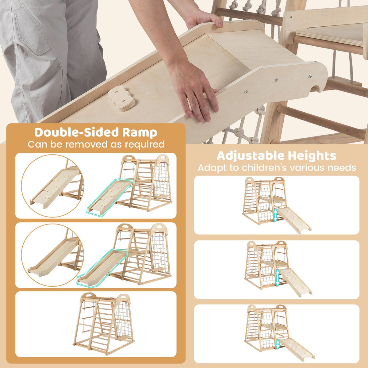 8-in-1 Jungle Gym Wooden Montessori Climber Playset with Slide and Monkey Bar for Kids 3-5 Years Old-Natural view 7