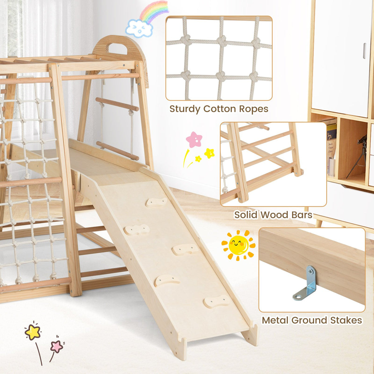 8-in-1 Jungle Gym Wooden Montessori Climber Playset with Slide and Monkey Bar for Kids 3-5 Years Old-Natural view 9