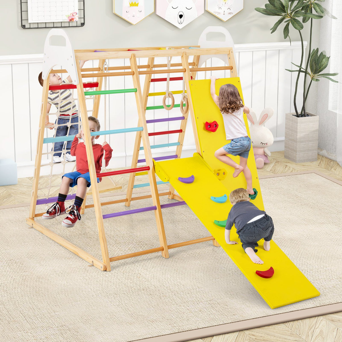 8-in-1 Wooden Jungle Gym Playset with Slide and Monkey Bars-Multicolor view 3