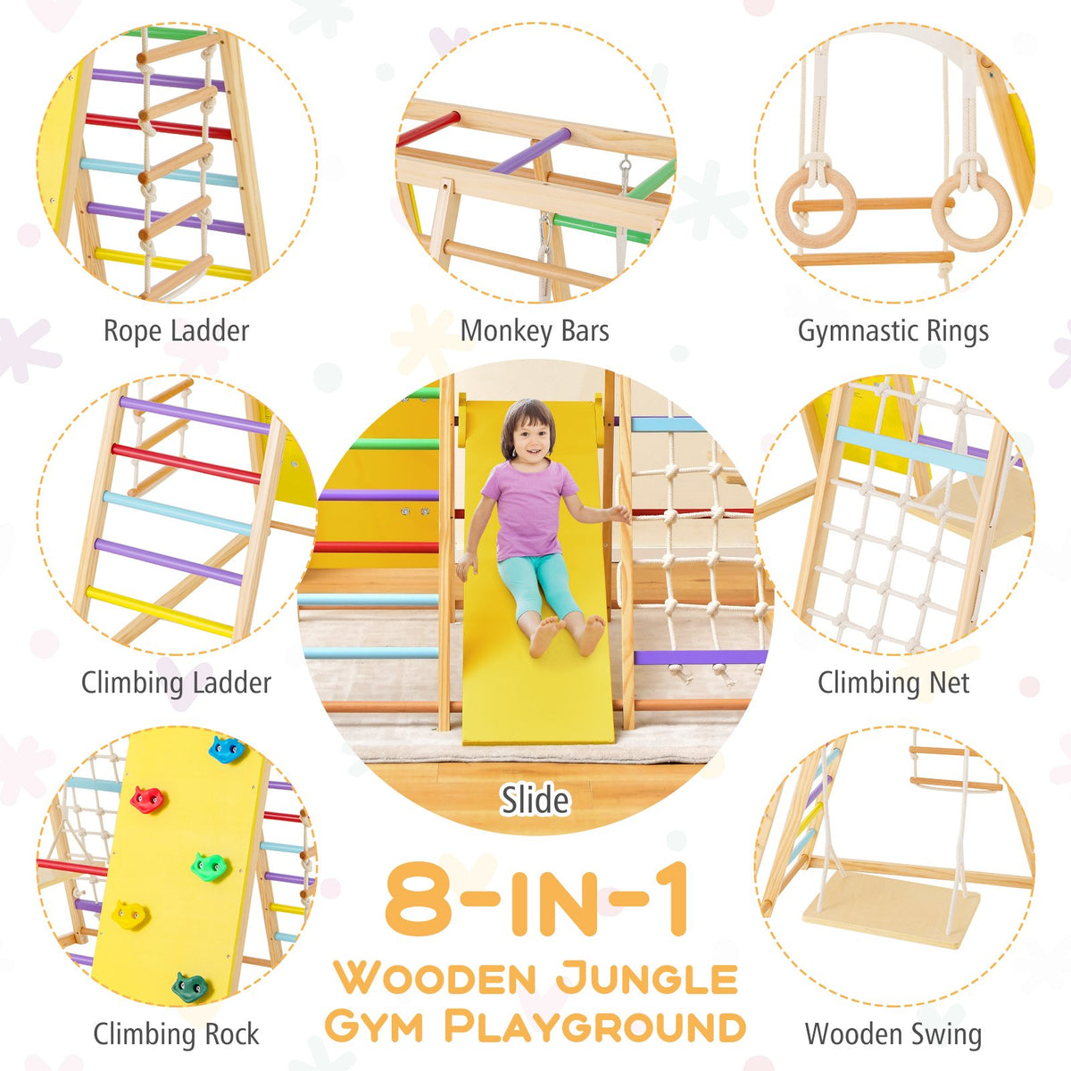 8-in-1 Wooden Jungle Gym Playset with Slide and Monkey Bars-Multicolor view 6