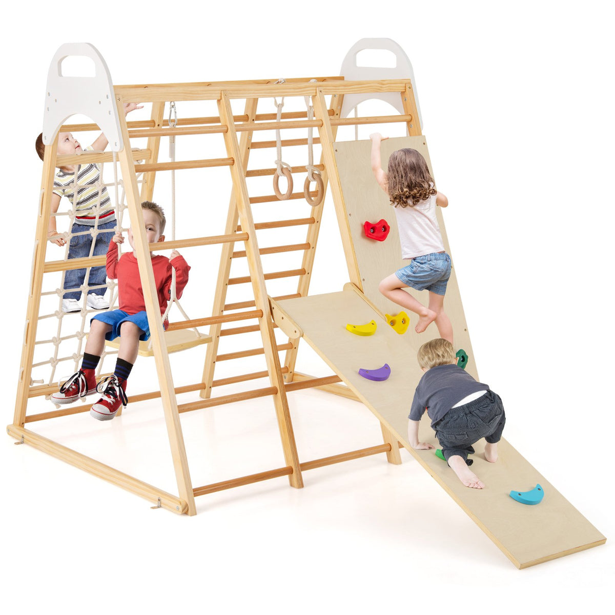 8-in-1 Wooden Jungle Gym Playset with Slide and Monkey Bars-Natural
