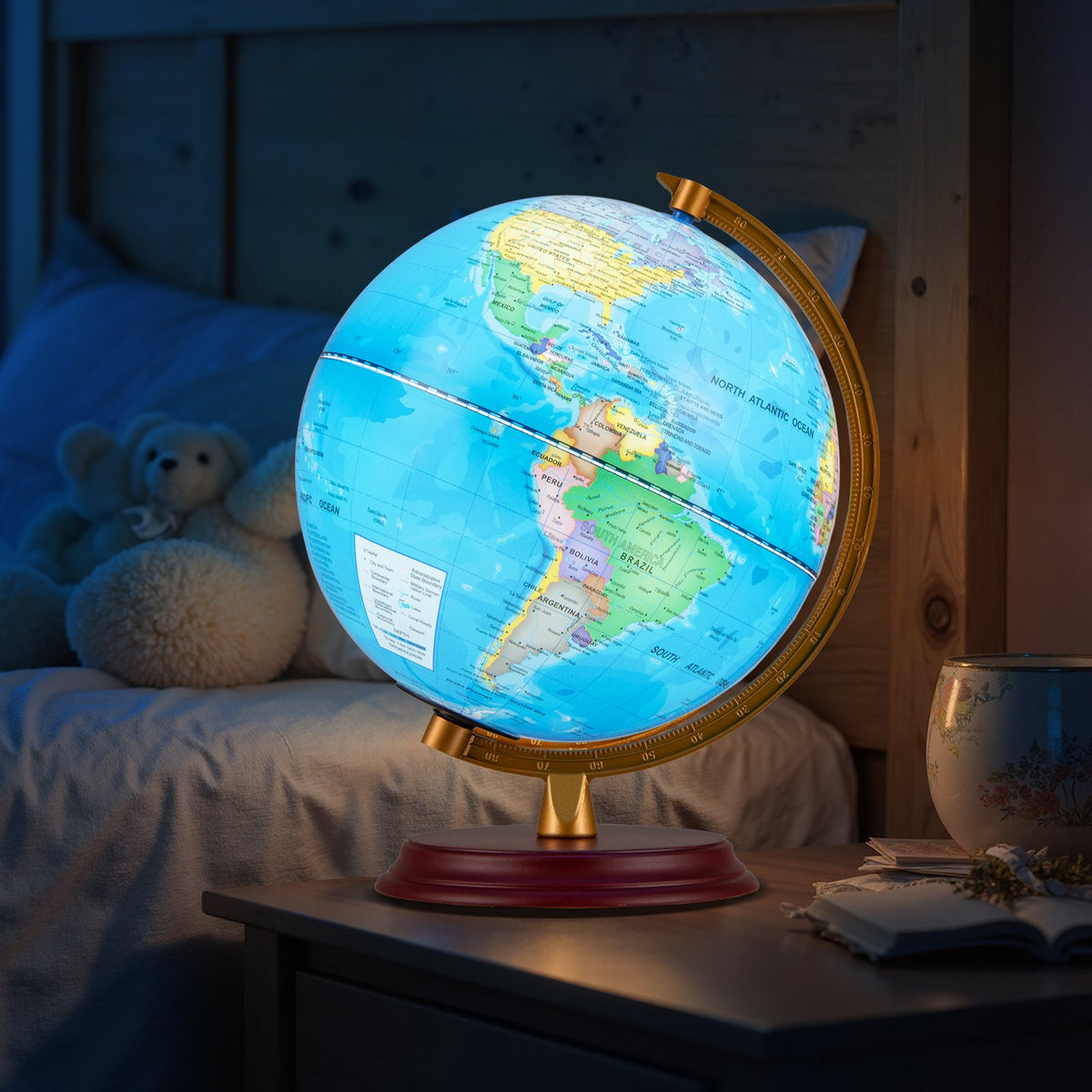 8 Inch Illuminated World Globe Night Light up Globe Lamp with Wooden Stand and HD Map-Blue view 3