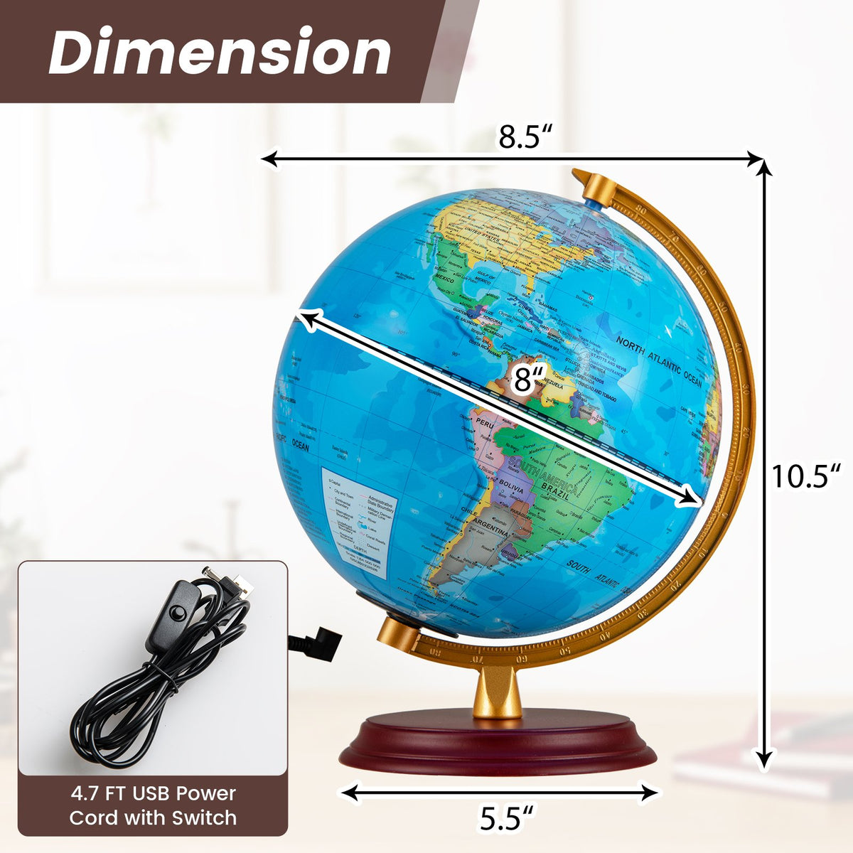 8 Inch Illuminated World Globe Night Light up Globe Lamp with Wooden Stand and HD Map-Blue view 4