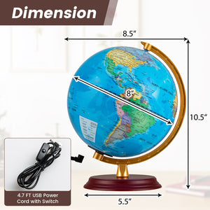 8 Inch Illuminated World Globe Night Light up Globe Lamp with Wooden Stand and HD Map-Blue view 4