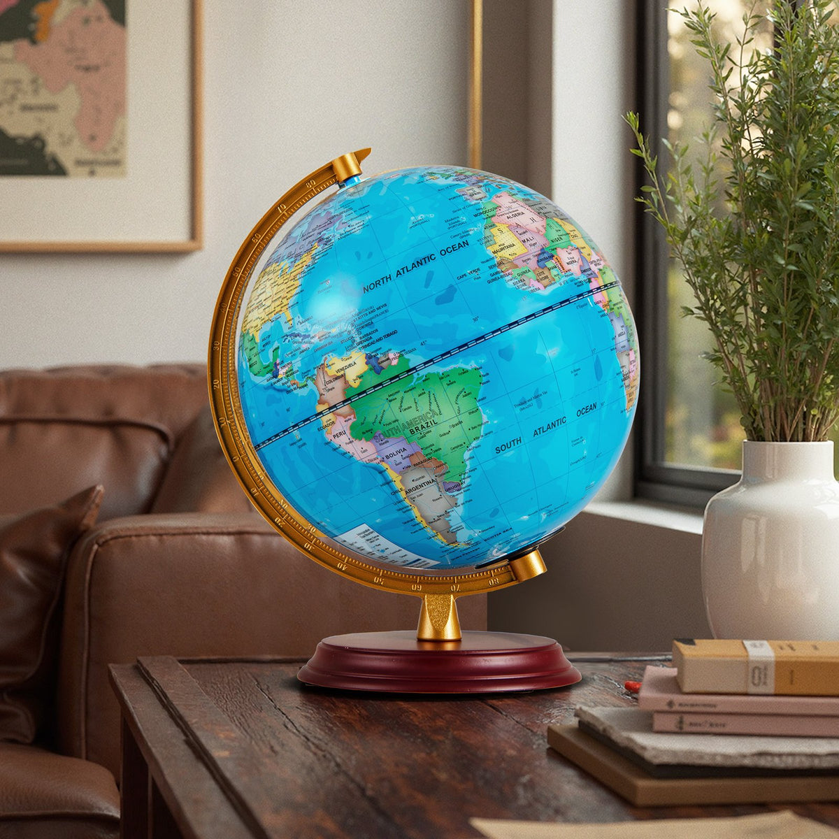 8 Inch Illuminated World Globe Night Light up Globe Lamp with Wooden Stand and HD Map-Blue view 5