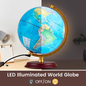 8 Inch Illuminated World Globe Night Light up Globe Lamp with Wooden Stand and HD Map-Blue view 6