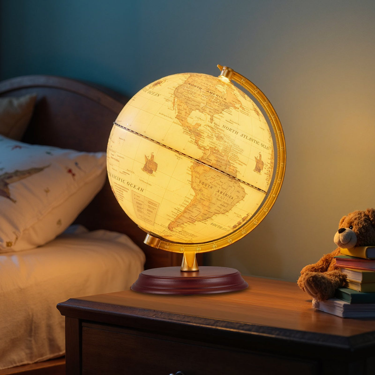 8 Inch Illuminated World Globe Night Light up Globe Lamp with Wooden Stand and HD Map-Brozen view 3