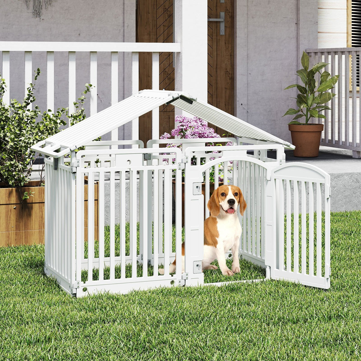 8-Panel Tall Plastic Dog Fence Indoor Outdoor Puppy Pen with Locking Door-White view 2