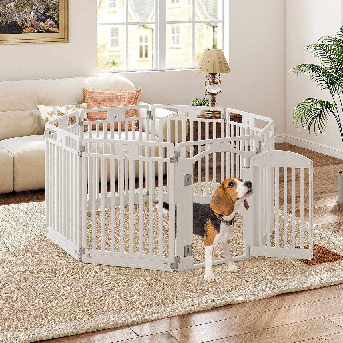 8-Panel Tall Plastic Dog Fence Indoor Outdoor Puppy Pen with Locking Door-White view 3