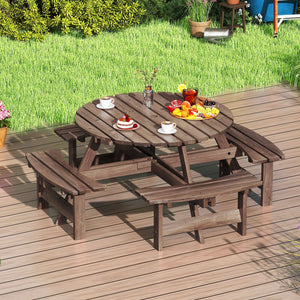 8-Person Round Picnic Table Set Circular Patio Dining Camping Table with Benches-Brown view 2