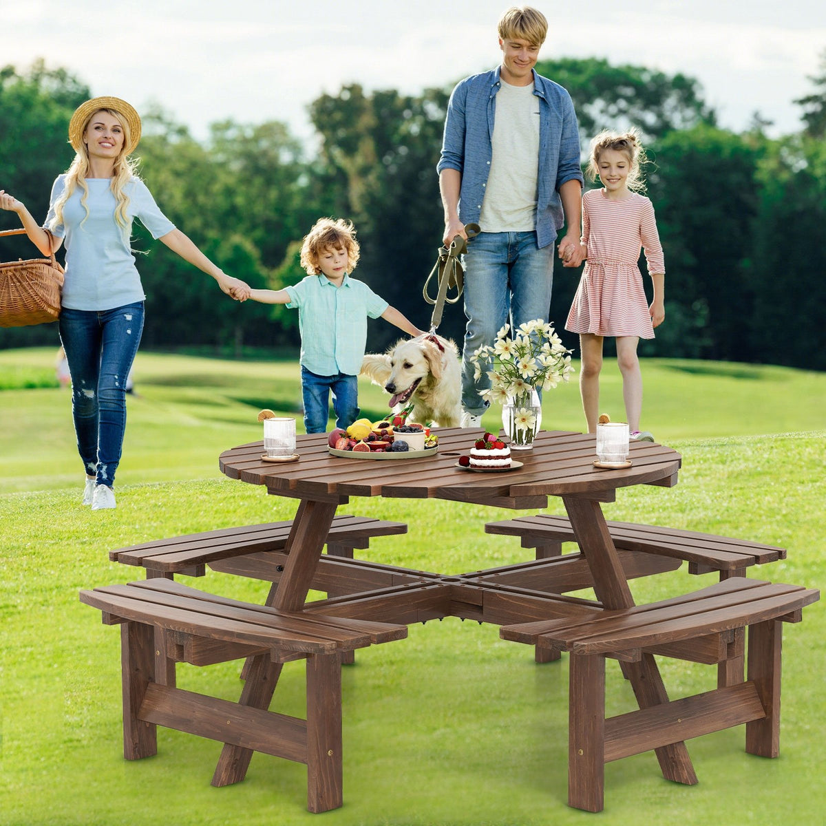 8-Person Round Picnic Table Set Circular Patio Dining Camping Table with Benches-Brown view 3