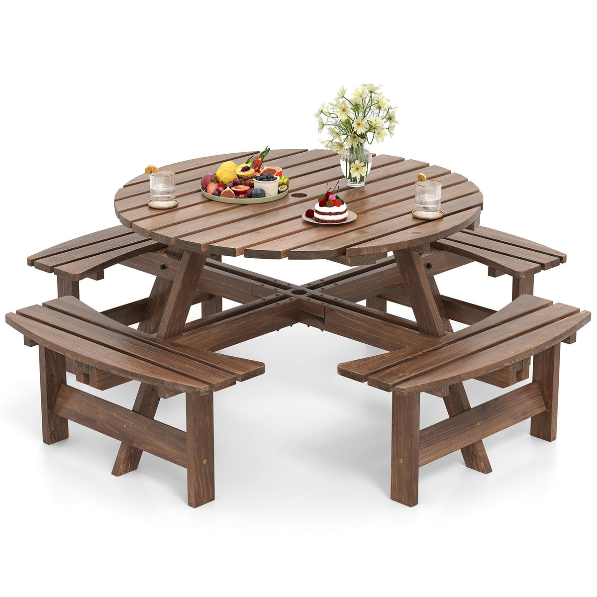 8-Person Round Picnic Table Set Circular Patio Dining Camping Table with Benches-Brown view 4
