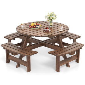 8-Person Round Picnic Table Set Circular Patio Dining Camping Table with Benches-Brown view 4