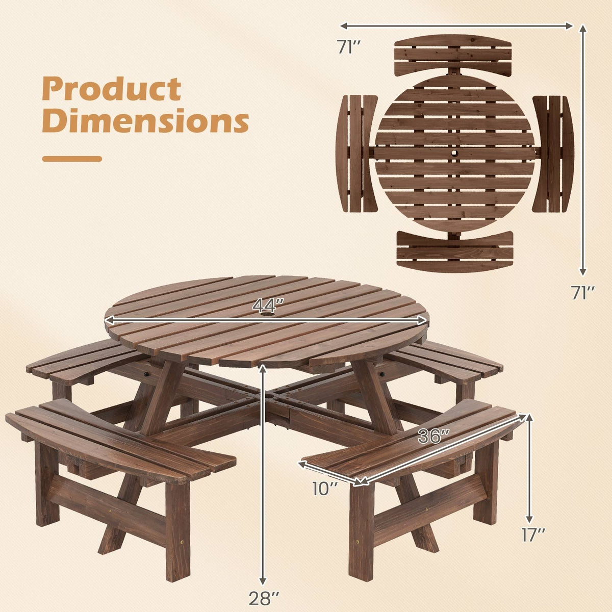 8-Person Round Picnic Table Set Circular Patio Dining Camping Table with Benches-Brown view 5