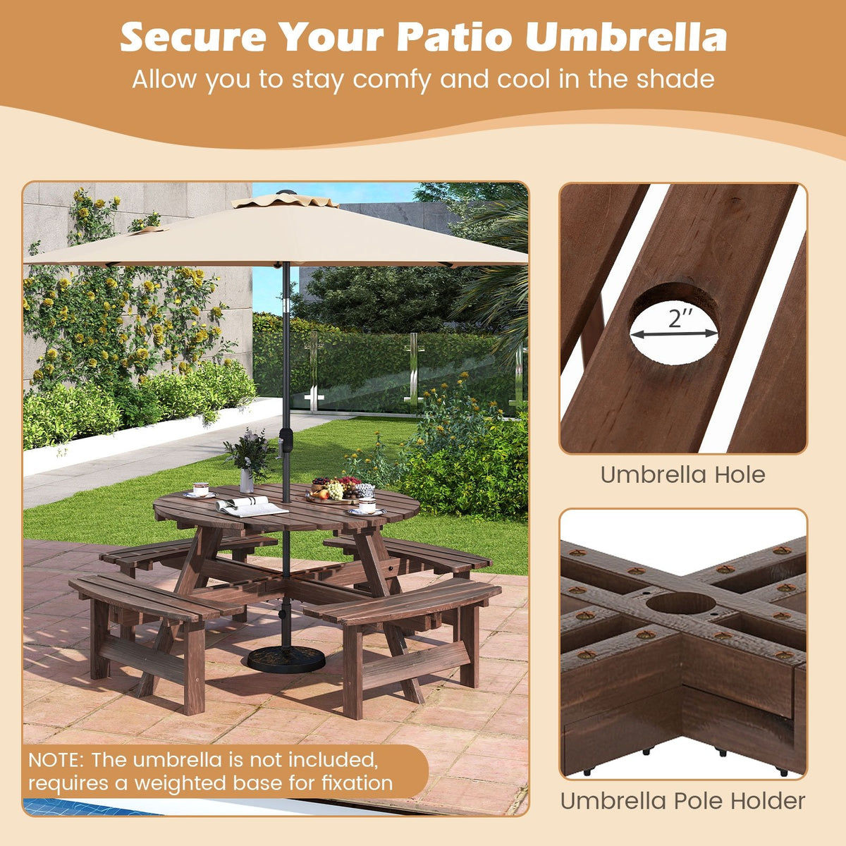 8-Person Round Picnic Table Set Circular Patio Dining Camping Table with Benches-Brown view 6