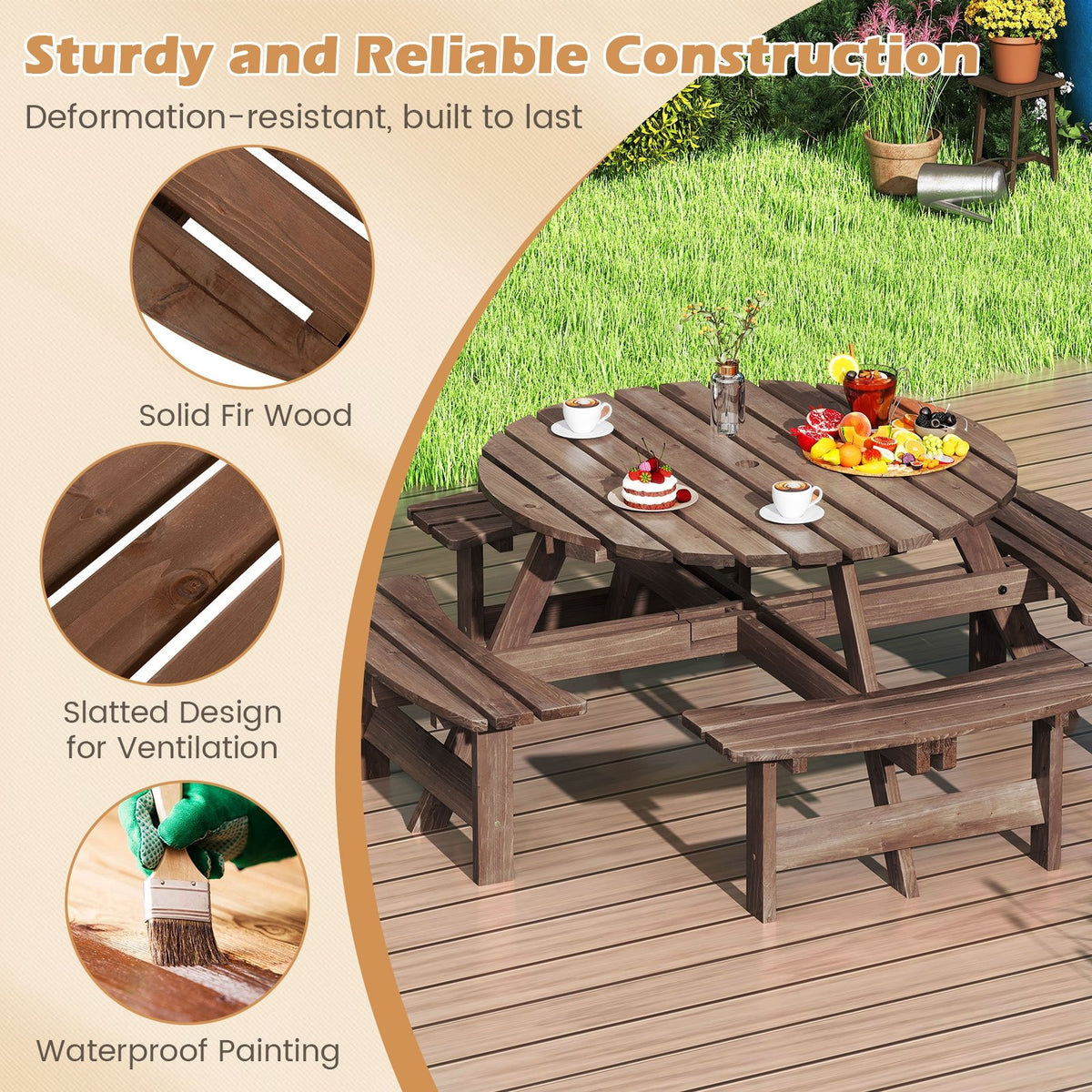 8-Person Round Picnic Table Set Circular Patio Dining Camping Table with Benches-Brown view 7