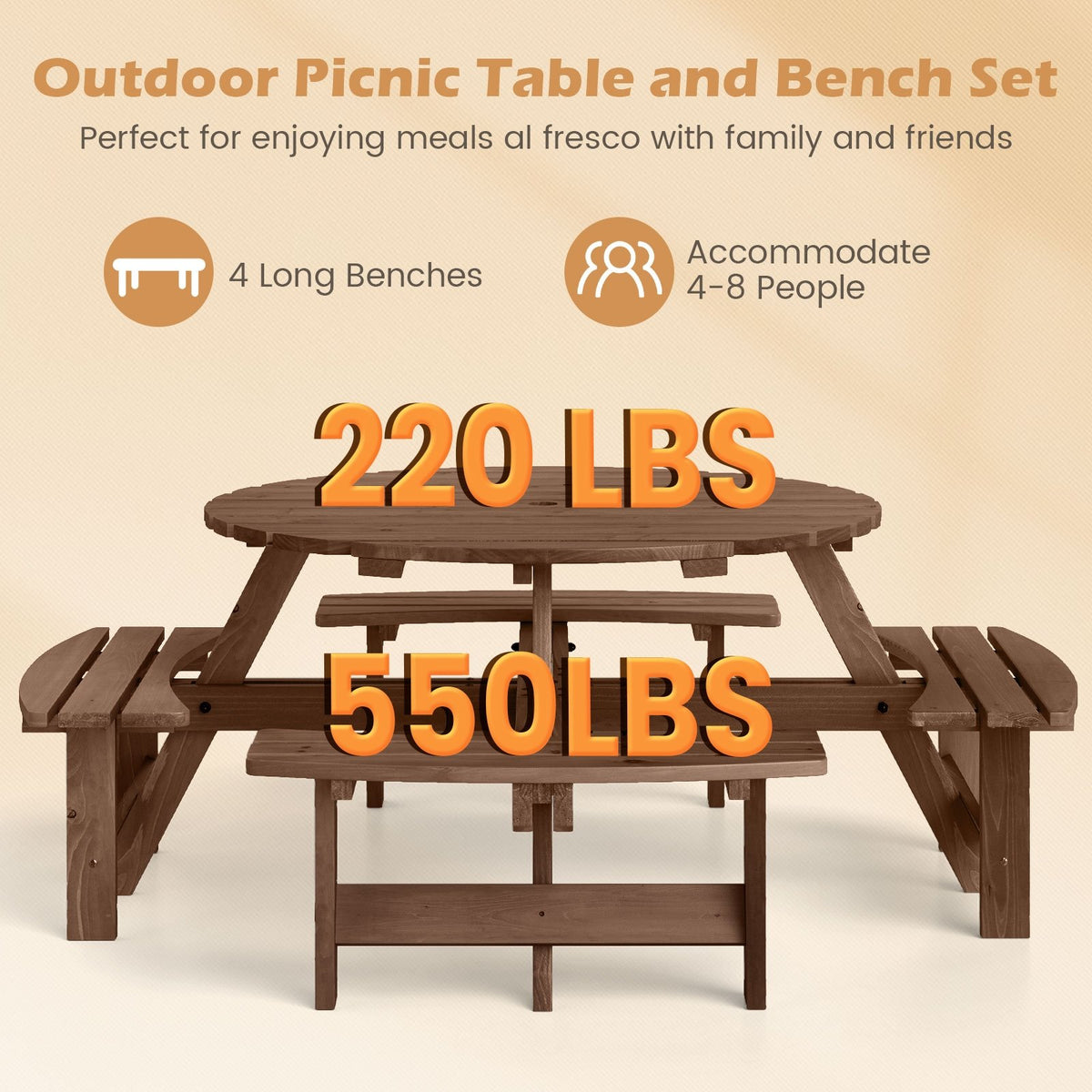 8-Person Round Picnic Table Set Circular Patio Dining Camping Table with Benches-Brown view 8