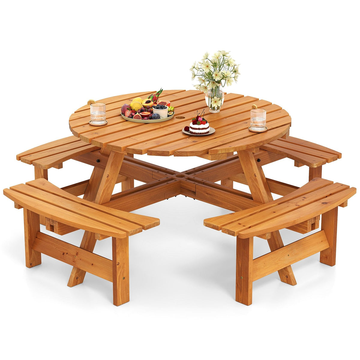 8-Person Round Picnic Table Set Circular Patio Dining Camping Table with Benches-Yellow view 4