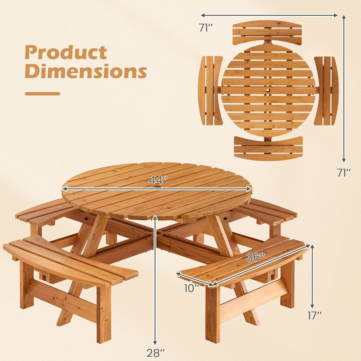 8-Person Round Picnic Table Set Circular Patio Dining Camping Table with Benches-Yellow view 5