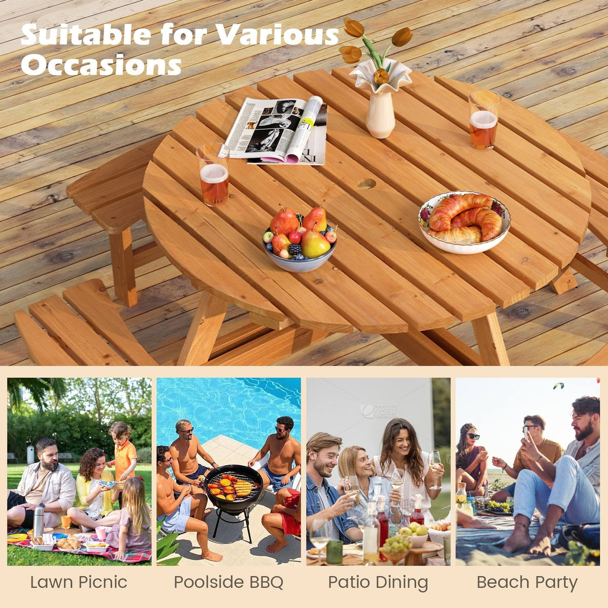 8-Person Round Picnic Table Set Circular Patio Dining Camping Table with Benches-Yellow view 8