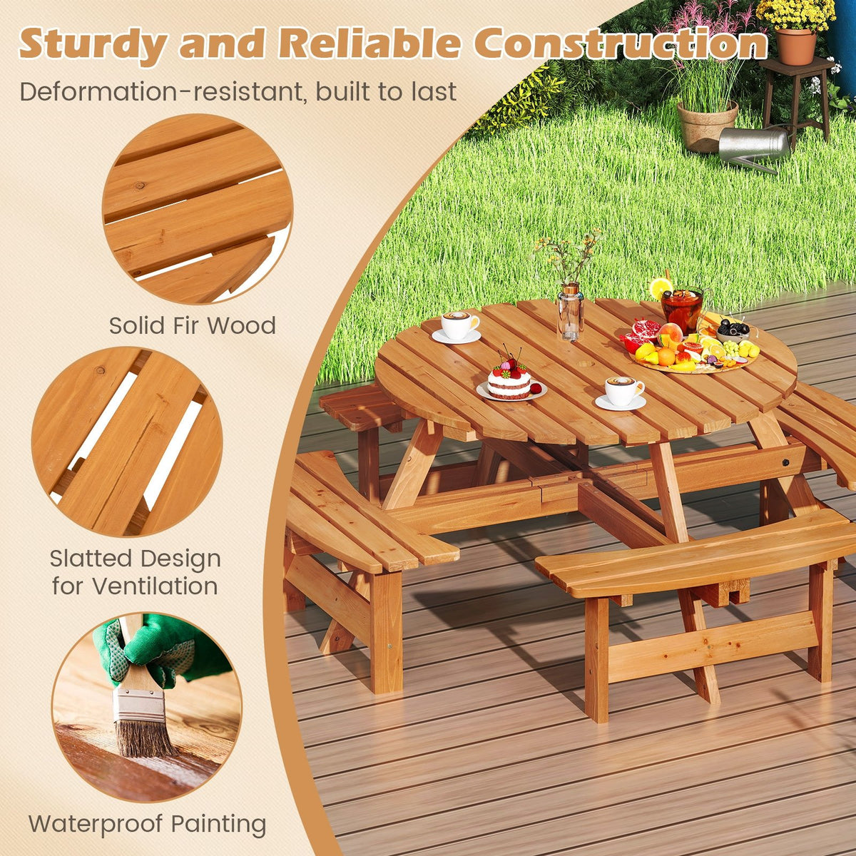 8-Person Round Picnic Table Set Circular Patio Dining Camping Table with Benches-Yellow view 9