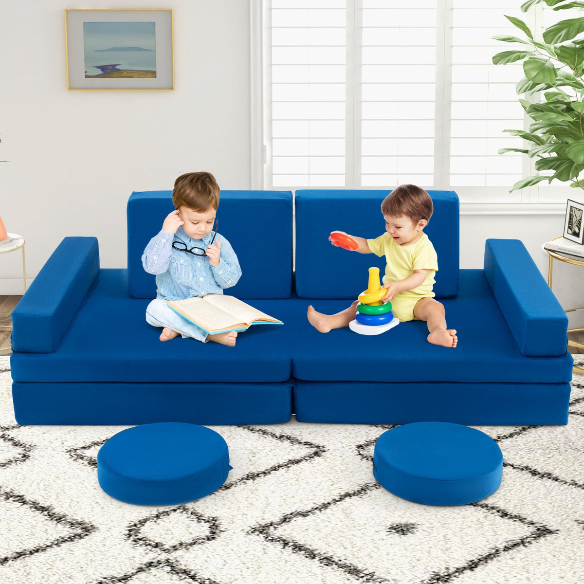 8-Piece Kids Play Couch Sofa with Portable Handle-Blue view 3