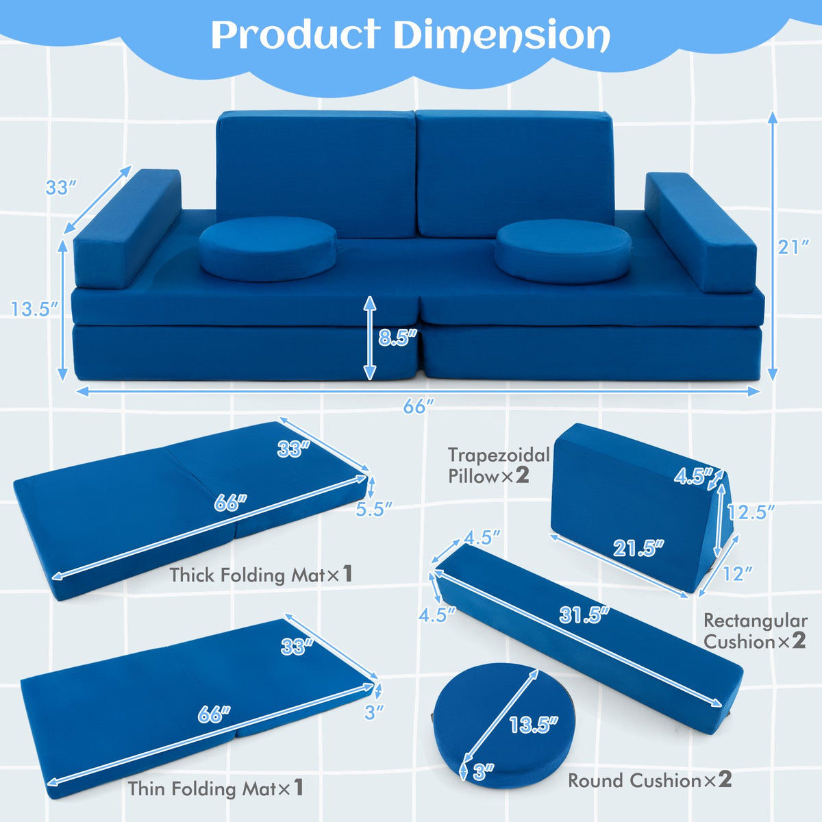 8-Piece Kids Play Couch Sofa with Portable Handle-Blue view 5