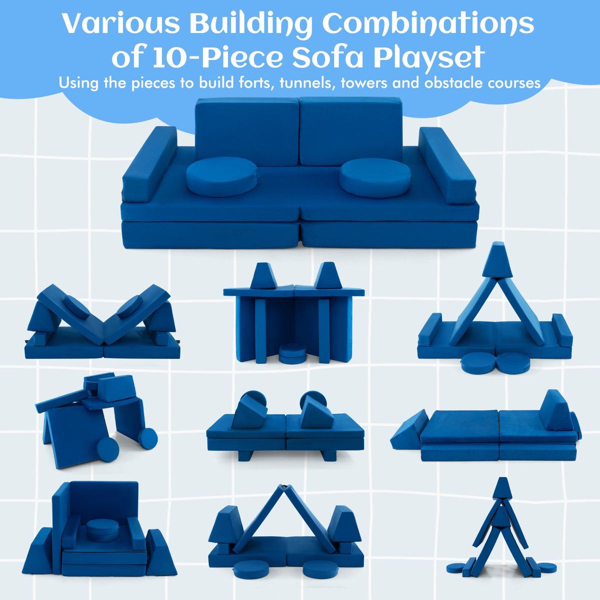 8-Piece Kids Play Couch Sofa with Portable Handle-Blue view 7