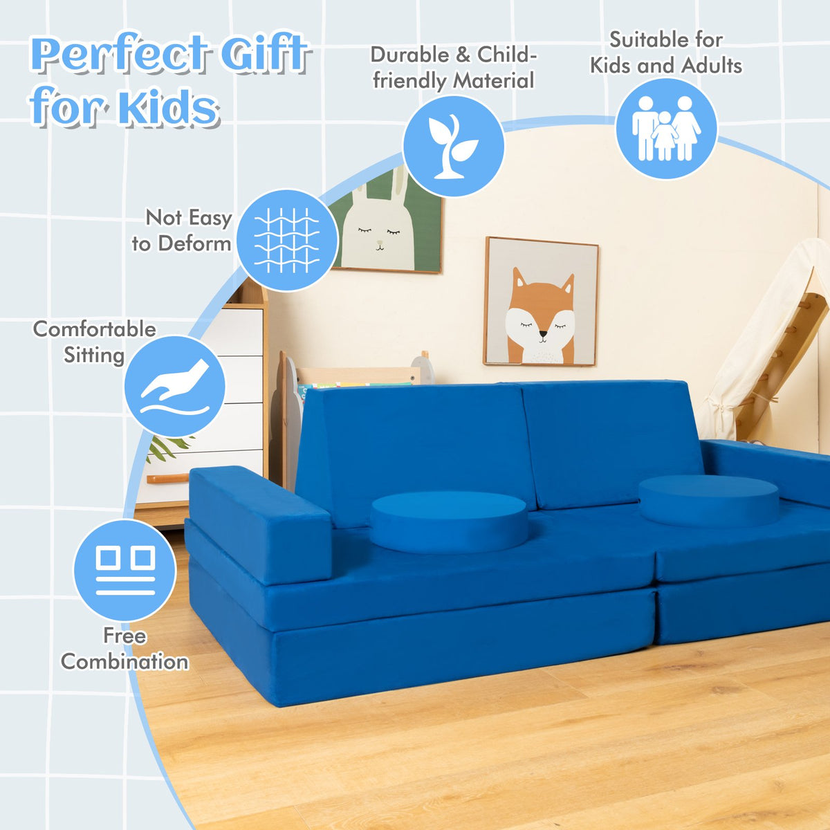 8-Piece Kids Play Couch Sofa with Portable Handle-Blue view 9