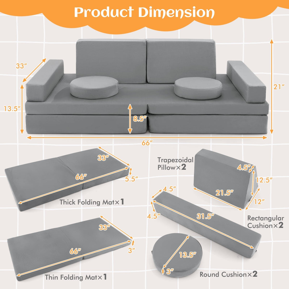 8-Piece Kids Play Couch Sofa with Portable Handle-Gray view 5