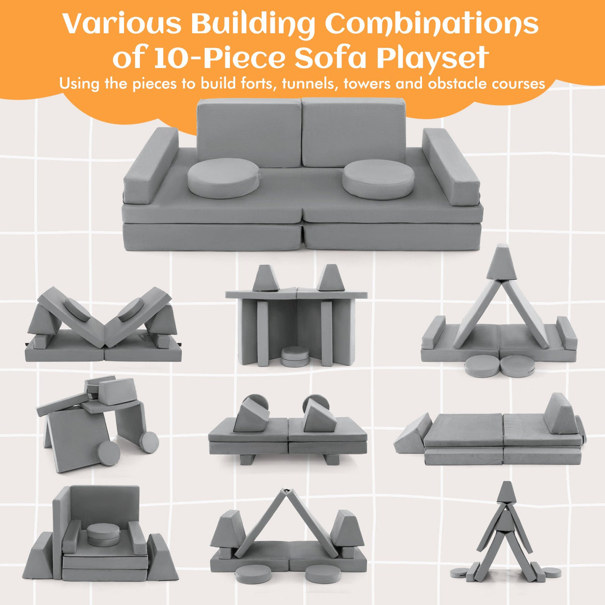 8-Piece Kids Play Couch Sofa with Portable Handle-Gray view 7