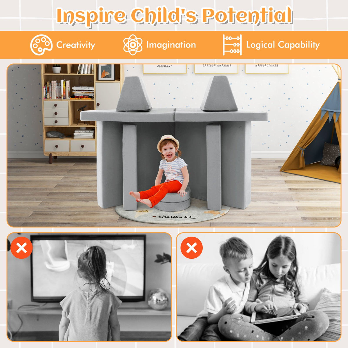 8-Piece Kids Play Couch Sofa with Portable Handle-Gray view 8