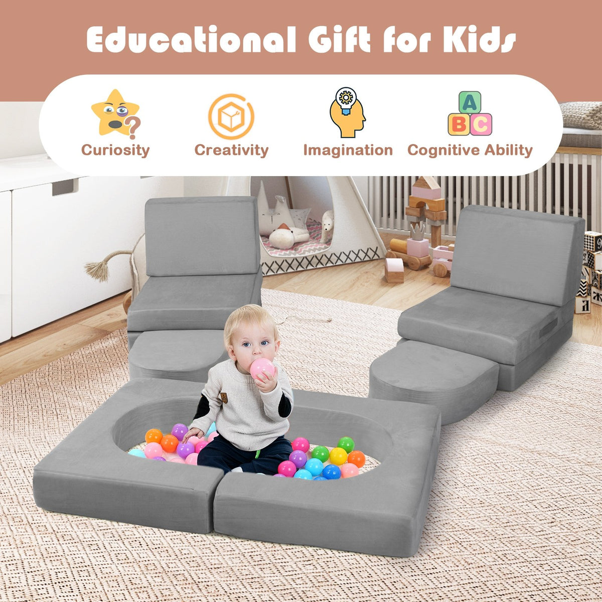 8-Piece Modular Kids Play Couch with Comfy Suede Fabric-Gray view 5