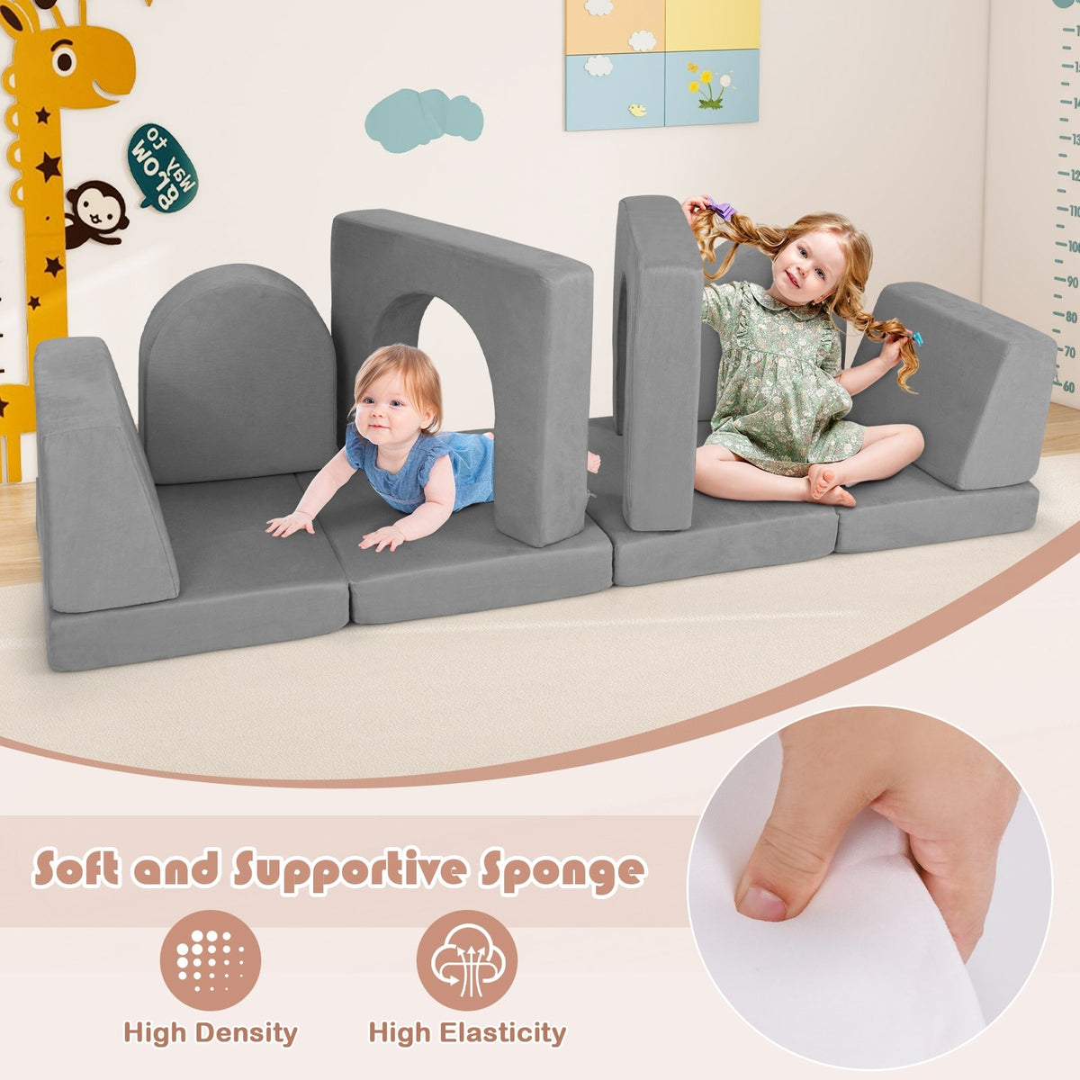 8-Piece Modular Kids Play Couch with Comfy Suede Fabric-Gray view 8