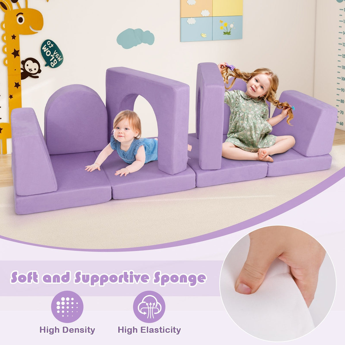 8-Piece Modular Kids Play Couch with Comfy Suede Fabric-Purple view 7