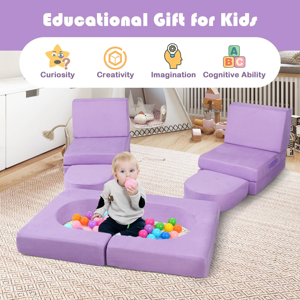8-Piece Modular Kids Play Couch with Comfy Suede Fabric-Purple view 9