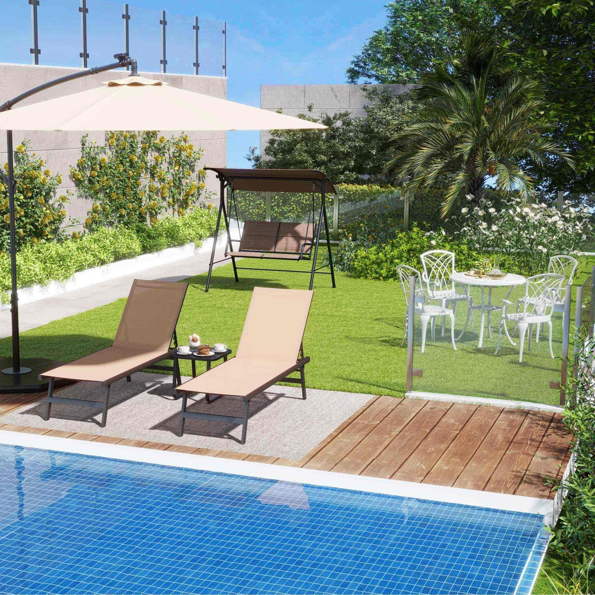 8-Piece Outdoor Furniture Set-Solar Umbrella, Bistro Set, Conversation Set, Chaise Lounger, Folding Bed, Side Table, Swing Chair & Dining Set