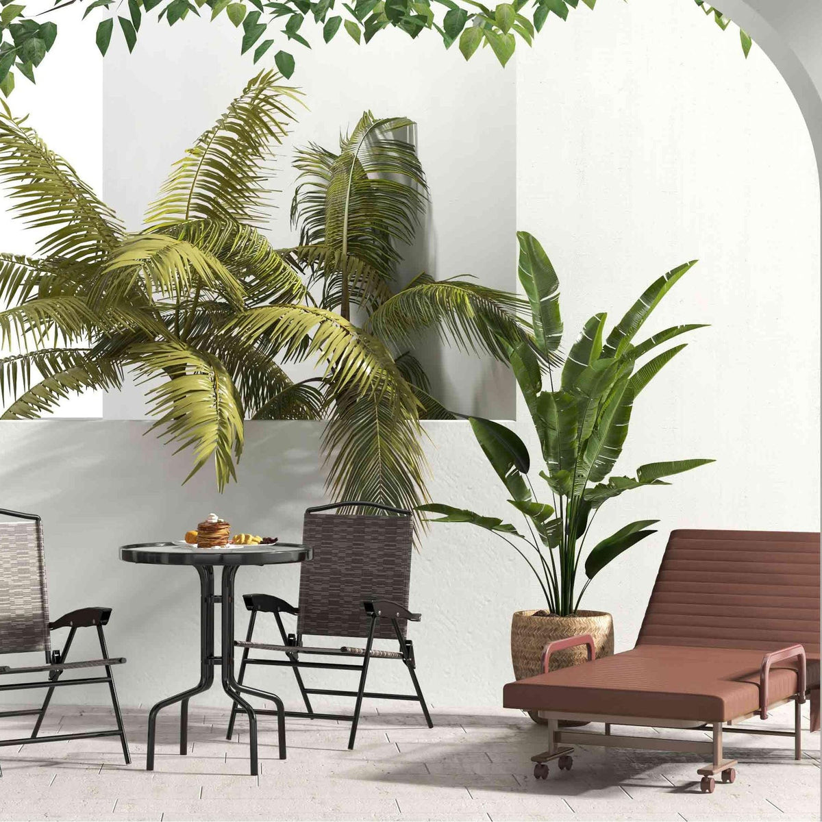 8-Piece Outdoor Furniture Set-Solar Umbrella, Bistro Set, Conversation Set, Chaise Lounger, Folding Bed, Side Table, Swing Chair & Dining Set view 2