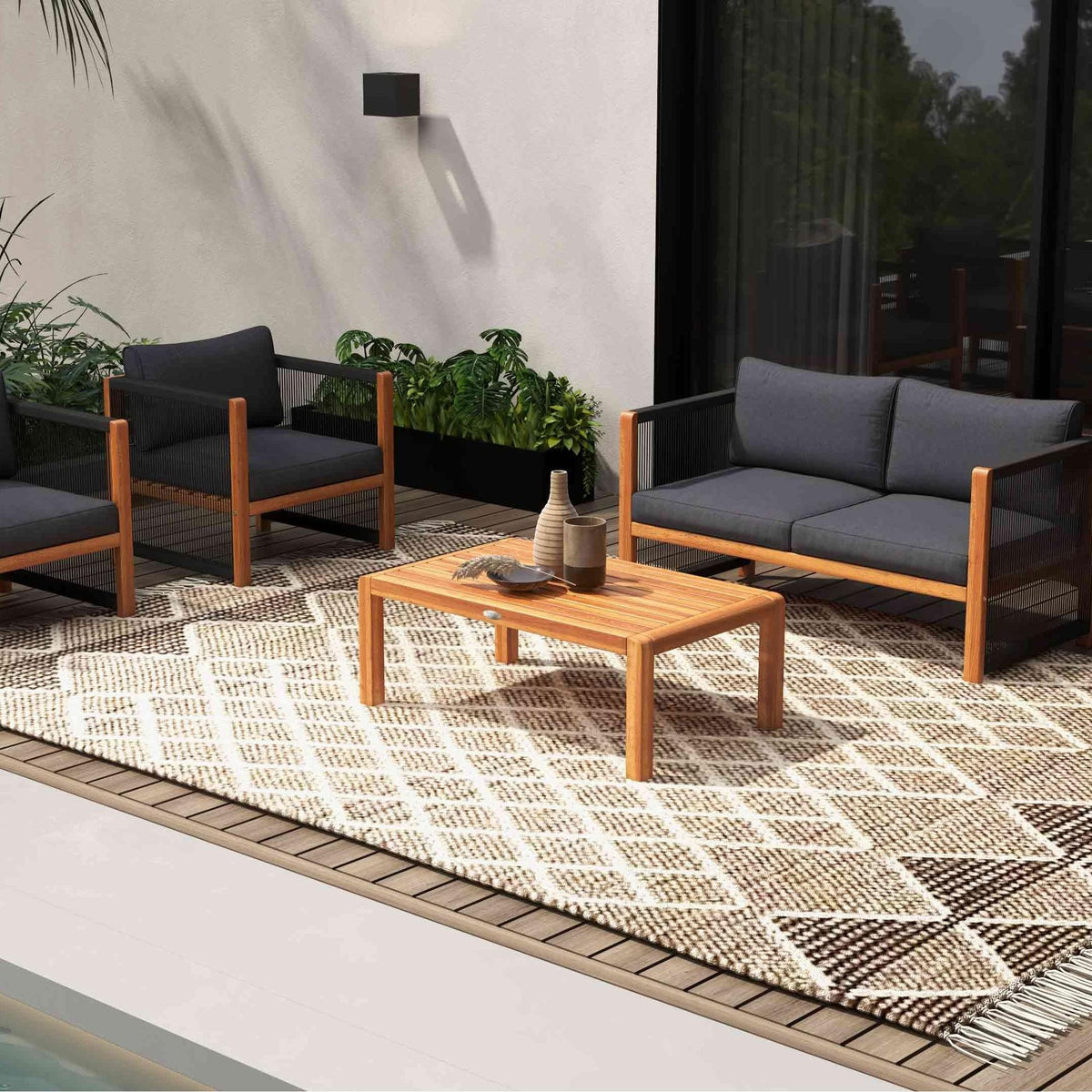 8-Piece Outdoor Furniture Set-Solar Umbrella, Bistro Set, Conversation Set, Chaise Lounger, Folding Bed, Side Table, Swing Chair & Dining Set view 3
