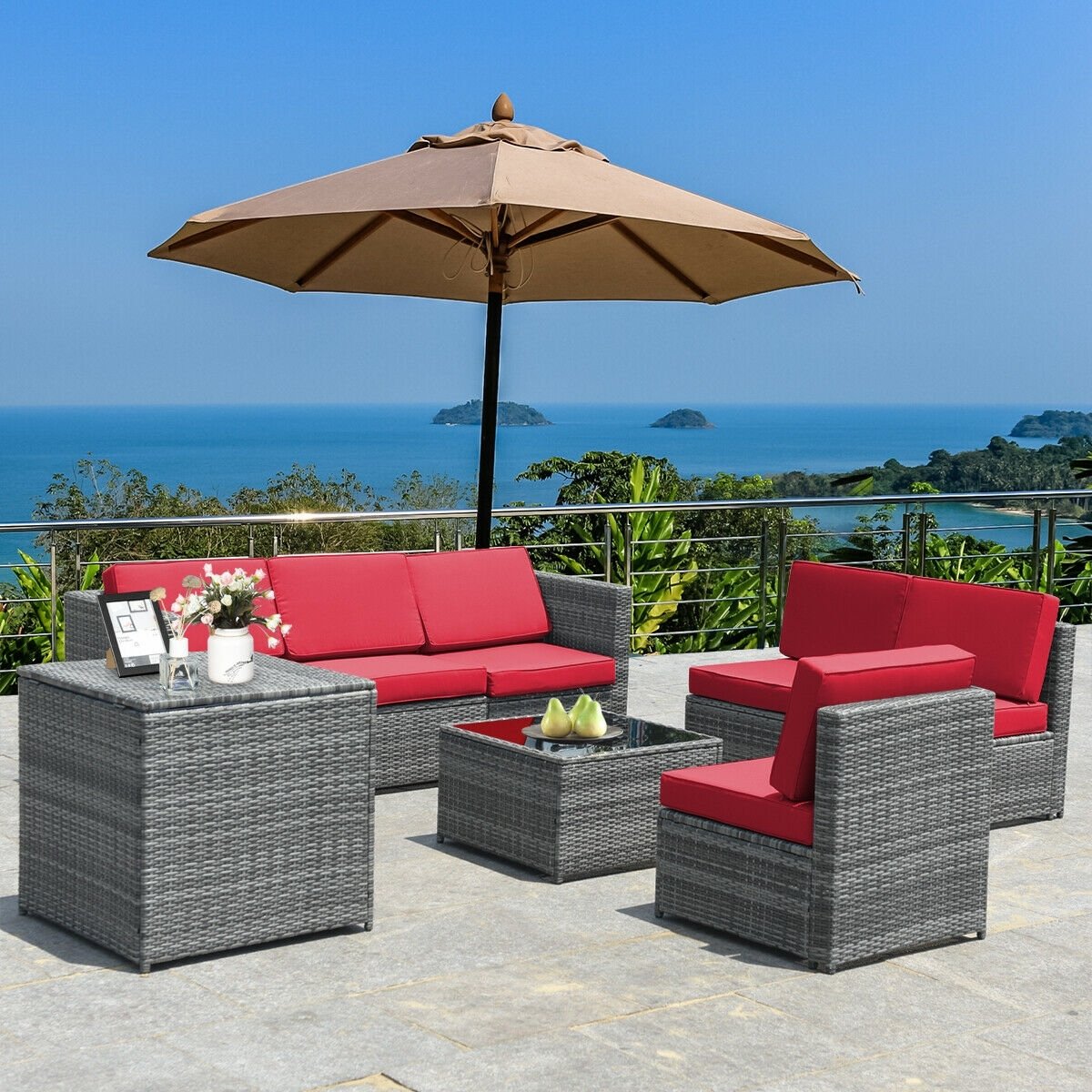 8 Piece Wicker Sofa Rattan Dinning Set Patio Furniture with Storage Table-Red view 2