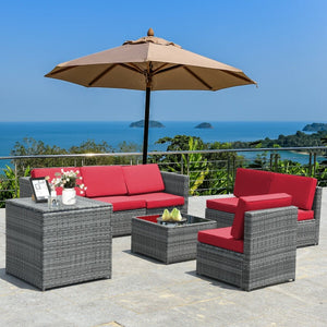 8 Piece Wicker Sofa Rattan Dinning Set Patio Furniture with Storage Table-Red view 2