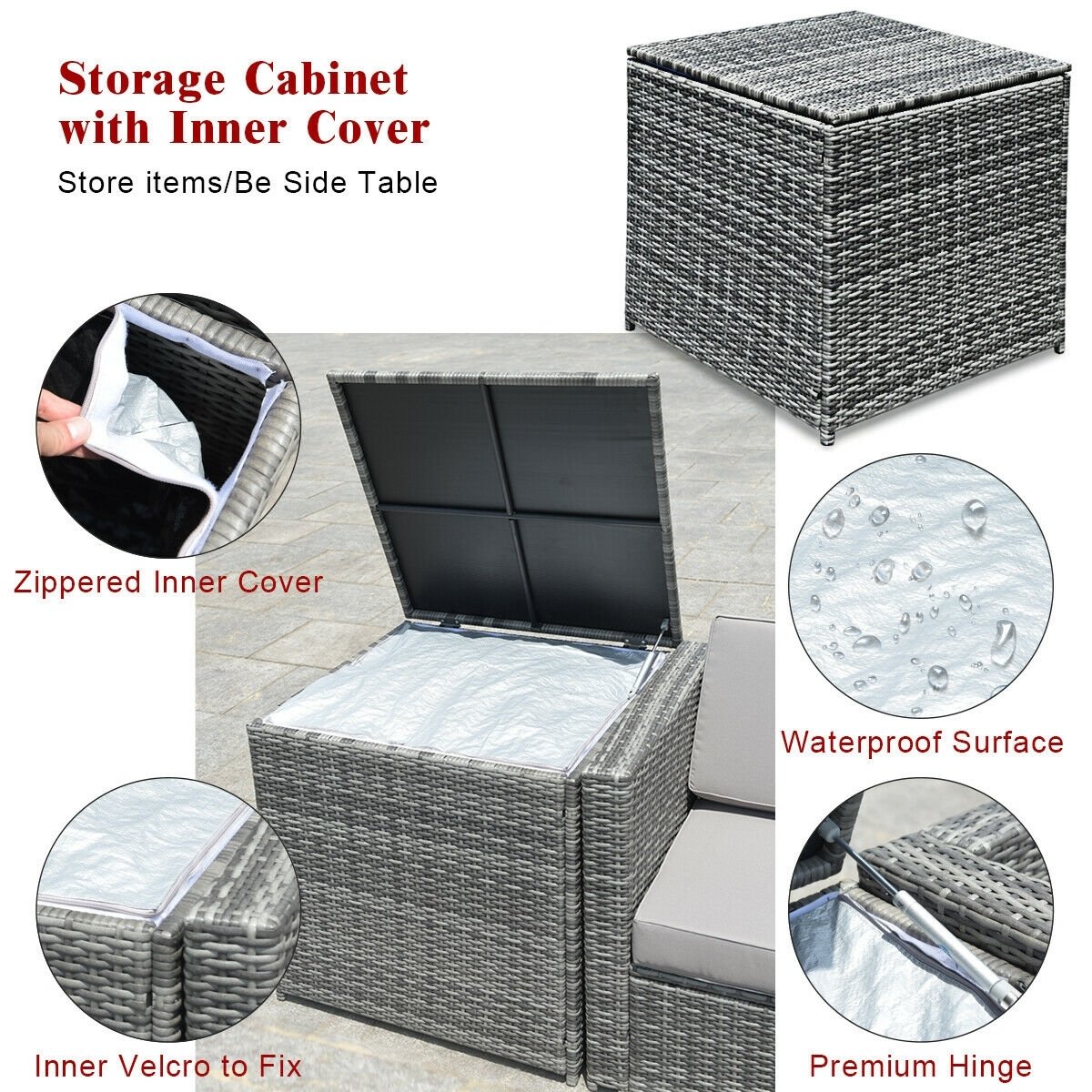 8 Piece Wicker Sofa Rattan Dinning Set Patio Furniture with Storage Table-Red view 3