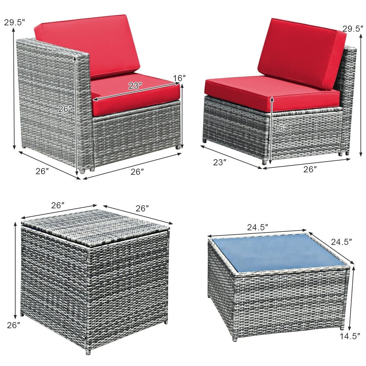 8 Piece Wicker Sofa Rattan Dinning Set Patio Furniture with Storage Table-Red view 4