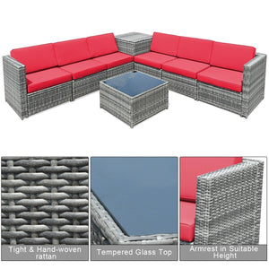 8 Piece Wicker Sofa Rattan Dinning Set Patio Furniture with Storage Table-Red view 5