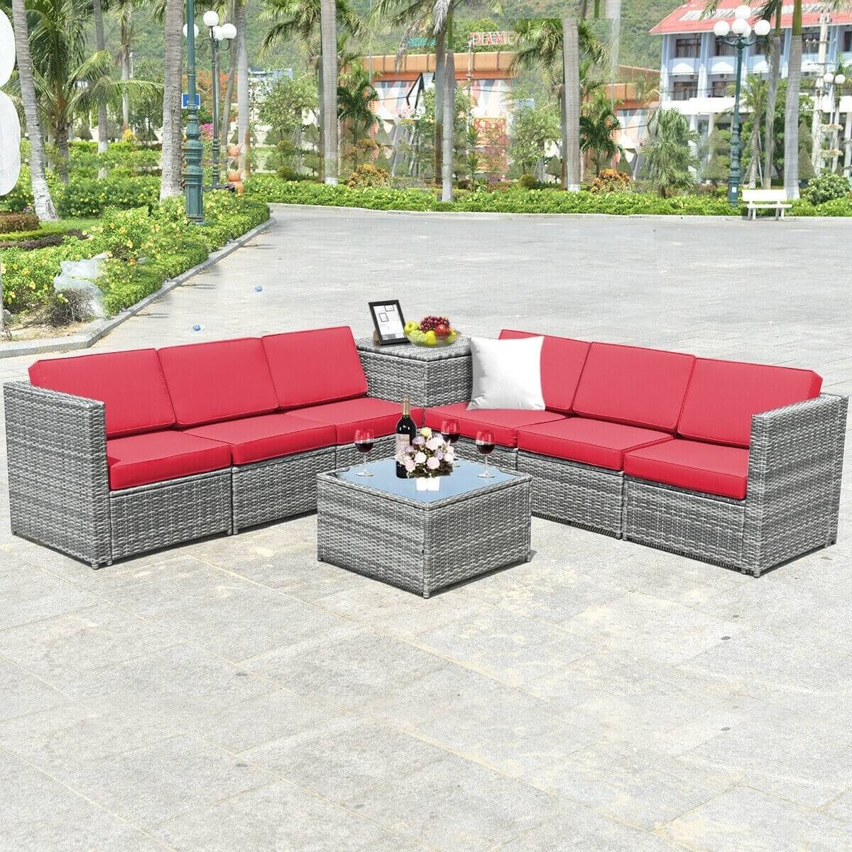 8 Piece Wicker Sofa Rattan Dinning Set Patio Furniture with Storage Table-Red view 6